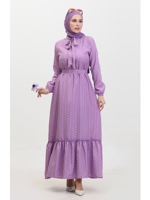 Sefa Merve Pıtpıt Desenli Kuşaklı Elbise 0383-05 Lila