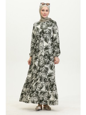 Sefa Merve Ipli Kemerli Viskon Elbise 0417-01 Haki