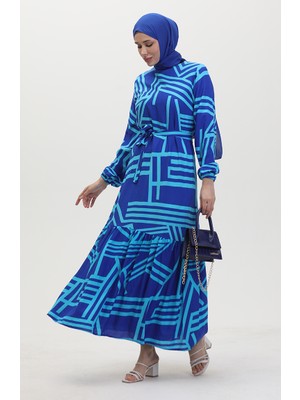 Sefa Merve Desenli Kuşaklı Elbise 0459-02 Saks Mavi