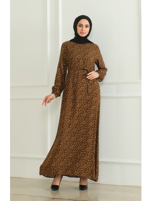 Sefa Merve Desenli Kuşaklı Viskon Elbise 0508-02 Taba