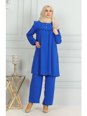 Sefa Merve Aerobin Kumaş Fırfırlı Tunik Pantolon Ikili Takım 1009-02 Saks