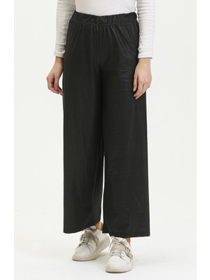 Sefa Merve Dökümlü Beli Lastikli Bol Paça Flok Deri Pantolon 8728-01 Siyah