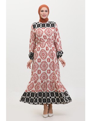 Sefa Merve Desenli Kuşaklı Viskon Elbise 0379-05 Kiremit