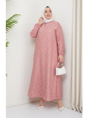 Sefa Merve Büyük Beden Puantiye Desenli Elbise 0707-02 Pudra