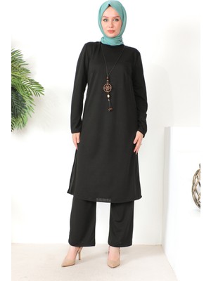 Sefa Merve Kolyeli Tunik Pantolon Ikili Takım 8585-01 Siyah