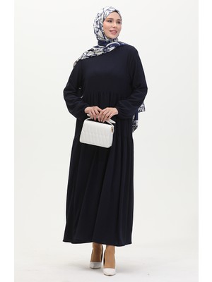 Sefa Merve Bürümcük Kumaş Büzgülü Elbise 1048-02 Lacivert