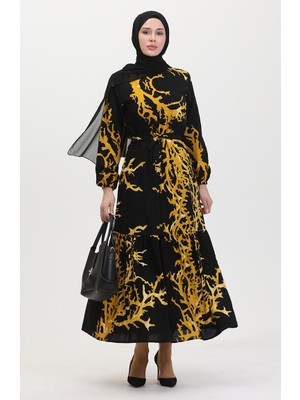 Sefa Merve Desenli Kuşaklı Elbise 0458-01 Siyah Hardal
