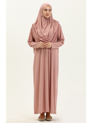 Sefa Merve Çantalı Büyük Beden Pratik Namaz Elbisesi 1975-10 Gül Kurusu