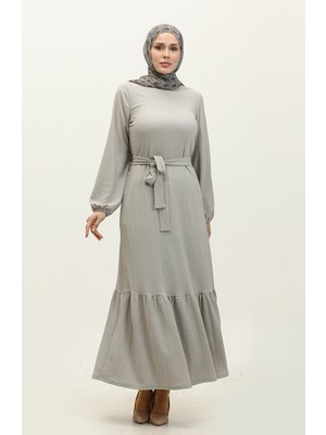 Sefa Merve Etek Ucu Büzgülü Kuşaklı Elbise 0202DA-02 Gri