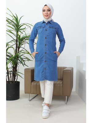 Sefa Merve Uzun Kot Ceket 36001-01 Kot Mavi