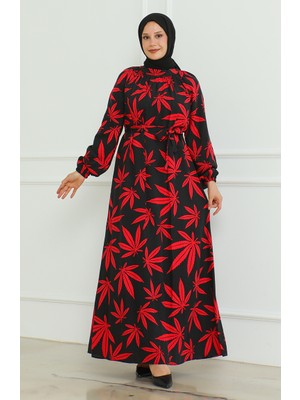Sefa Merve Desenli Kuşaklı Elbise 0477-03 Siyah Kırmızı