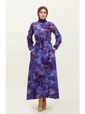 Sefa Merve Ahsen Çiçek Desenli Viskon Elbise 0329-09 Mor Mürdüm