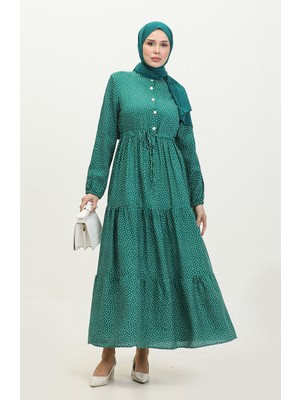 Sefa Merve Puantiye Desen Belden Büzgülü Elbise 0372-04 Zümrüt Yeşili