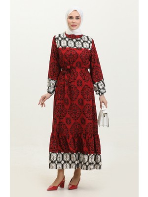 Sefa Merve Desenli Kuşaklı Viskon Elbise 0379-04 Kırmızı