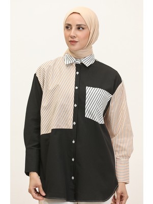 Sefa Merve Garnili Çizgili Gömlek 4812-01 Siyah