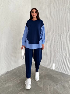 Kadın Mavi Beyaz Çizgili Modern Tasarım Uzun Kollu Gömlek Detaylı Sweatshirt Modal Takım