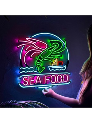 Hoagard Sea Food (Deniz Ürünleri) Restoran Neon Duvar Tabelası, Tablosu, Dekoru - Metal Üzerine LED | 46  cm   x  48  cm