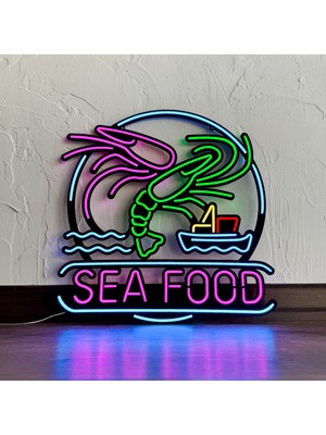 Hoagard Sea Food (Deniz Ürünleri) Restoran Neon Duvar Tabelası, Tablosu, Dekoru - Metal Üzerine LED | 46  cm   x  48  cm