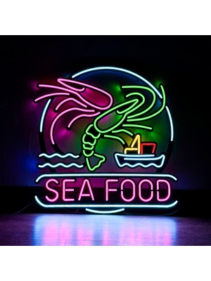 Hoagard Sea Food (Deniz Ürünleri) Restoran Neon Duvar Tabelası, Tablosu, Dekoru - Metal Üzerine LED | 46  cm   x  48  cm