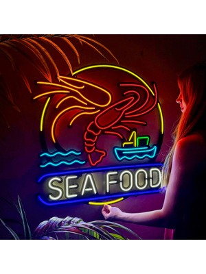 Tol Camp Sea Food (Deniz Ürünleri) Restoran Neon Duvar Tabelası, Tablosu, Dekoru - Metal Üzerine LED | 46 cm x 48 cm