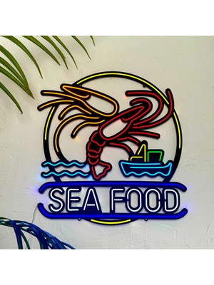 Tol Camp Sea Food (Deniz Ürünleri) Restoran Neon Duvar Tabelası, Tablosu, Dekoru - Metal Üzerine LED | 46 cm x 48 cm