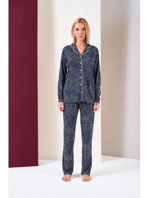 Pjs Kadın Düğmeli Biyeli Desenli Alt Cepli Uzun Kol Pijama Takım