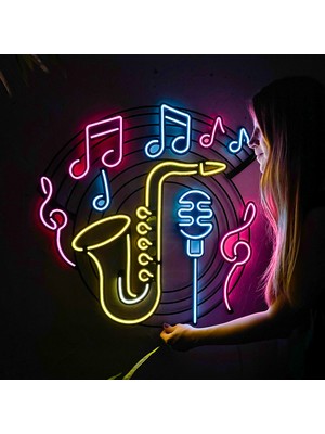 Saksafon & Müzik Neon (Led) Tabela - Pub, Club Duvar Dekoru - Metal Üzerine Neon Dekoru | 66 cm x 67 cm