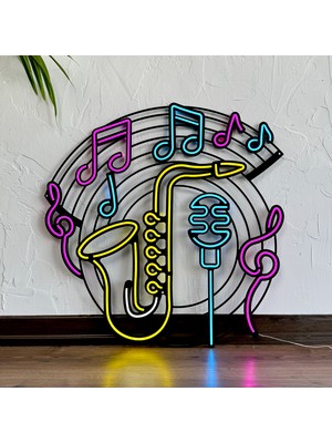 Saksafon & Müzik Neon (Led) Tabela - Pub, Club Duvar Dekoru - Metal Üzerine Neon Dekoru | 66 cm x 67 cm