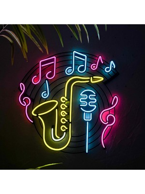 Saksafon & Müzik Neon (Led) Tabela - Pub, Club Duvar Dekoru - Metal Üzerine Neon Dekoru | 66 cm x 67 cm