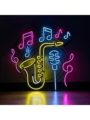 Saksafon & Müzik Neon (Led) Tabela - Pub, Club Duvar Dekoru - Metal Üzerine Neon Dekoru | 66 cm x 67 cm