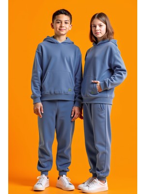 Minojoy Uthar Koloni Mavi Pamuklu Kapşonlu Çocuk Sweatshirt Eşofman Altı Takım
