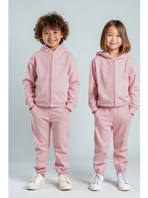 Minojoy Harves Lotus Pembe Pamuklu Fermuarlı Çocuk Sweatshirt Eşofman Altı Takım