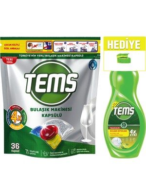 Tems 4 Etki Bulaşık Makinesi Kapsül Deterjanı 36'lı+ 500 ml Sıvı Bulaşık Deterjanı