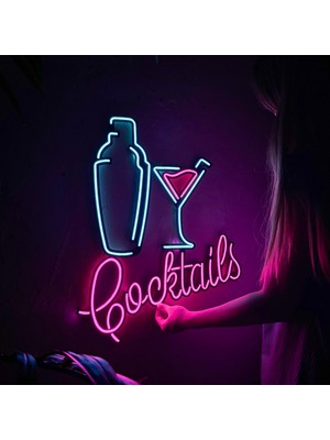 Tol Camp Shaker And Cocktails (Kokteyller) Neon Tablo - Ev, Pub, Gece Kulübü Metal Üzerine LED | 47 cm x 62 cm