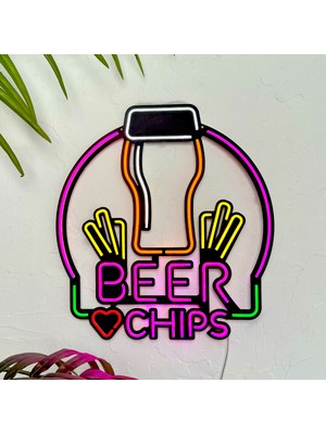 Tol Camp Beer & Chips Neon Duvar Tablosu - Ev, Pub, Gece Kulübü Metal Üzerine LED Duvar Dekoru | 43 cm x 47 cm