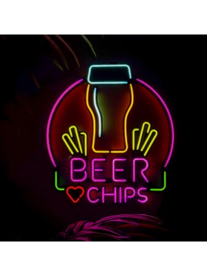 Tol Camp Beer & Chips Neon Duvar Tablosu - Ev, Pub, Gece Kulübü Metal Üzerine LED Duvar Dekoru | 43 cm x 47 cm