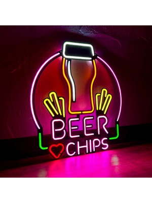 Tol Camp Beer & Chips Neon Duvar Tablosu - Ev, Pub, Gece Kulübü Metal Üzerine LED Duvar Dekoru | 43 cm x 47 cm