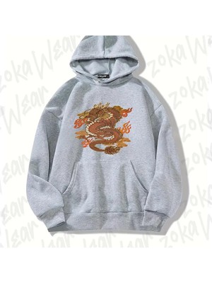 Zoka Wear Gri Golden Dragon Tasarım Baskılı Kapşonlu Sweatshirt