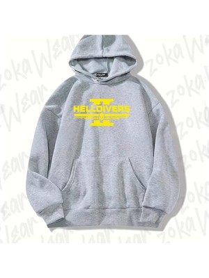 Zoka Wear Gri Helldivers Hell Divers Tasarım Baskılı Kapşonlu Sweatshirt