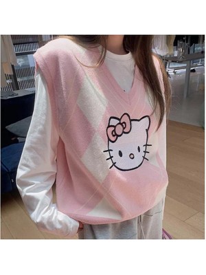 Anime Hello Kitty Baklava Desenli Oversize V Yaka Süveter