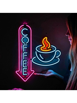 Tol Camp Neon Coffee (Kafe) Duvar Dekoru, Tablosu - Metal Üzerine Neon (Led) Duvar Panosu | 38 cm x 47CM