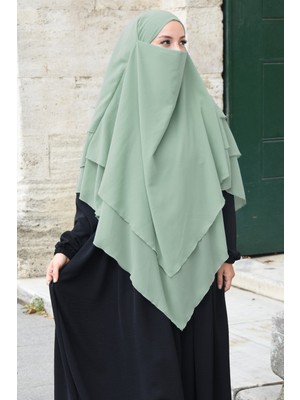 Eflina Hazır Bağlama Üç Katlı Şifon Hac Umre Şalı Sufle Khimar Hijab Yeşil