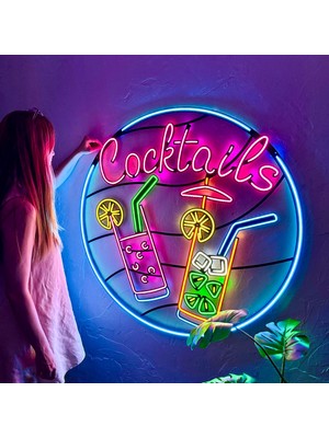 Tol Camp Cocktails Neon (Led) Tabela - Pub Duvar Dekoru - Metal Üzerine Neon Duvar Lambası | 100 cm x 100 cm