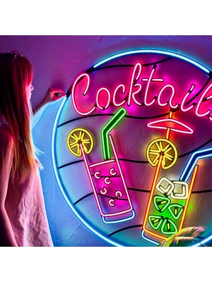 Tol Camp Cocktails Neon (Led) Tabela - Pub Duvar Dekoru - Metal Üzerine Neon Duvar Lambası | 100 cm x 100 cm