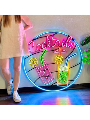 Tol Camp Cocktails Neon (Led) Tabela - Pub Duvar Dekoru - Metal Üzerine Neon Duvar Lambası | 100 cm x 100 cm