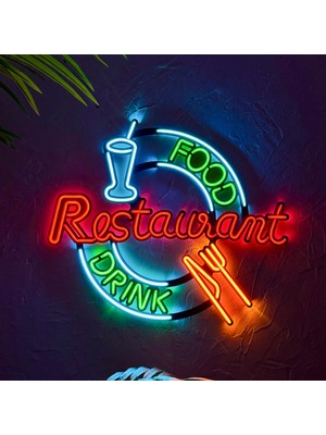 Restoran (Restaurant) Neon Duvar Tabelası, Tablosu - Metal Üzerine LED Duvar Dekoru | 59 cm x 49 cm