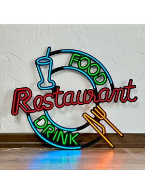 Restoran (Restaurant) Neon Duvar Tabelası, Tablosu - Metal Üzerine LED Duvar Dekoru | 59 cm x 49 cm