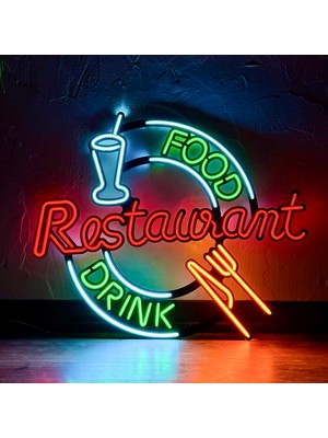 Restoran (Restaurant) Neon Duvar Tabelası, Tablosu - Metal Üzerine LED Duvar Dekoru | 59 cm x 49 cm