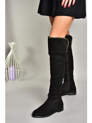 Fox Shoes T848643502 Siyah Süet Taş Detaylı Kadın Çizme