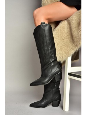 Fox Shoes Fox Kadın Siyah Kovboy Model Çizme Suni Deri Kalın Topuklu Şık Tasarım